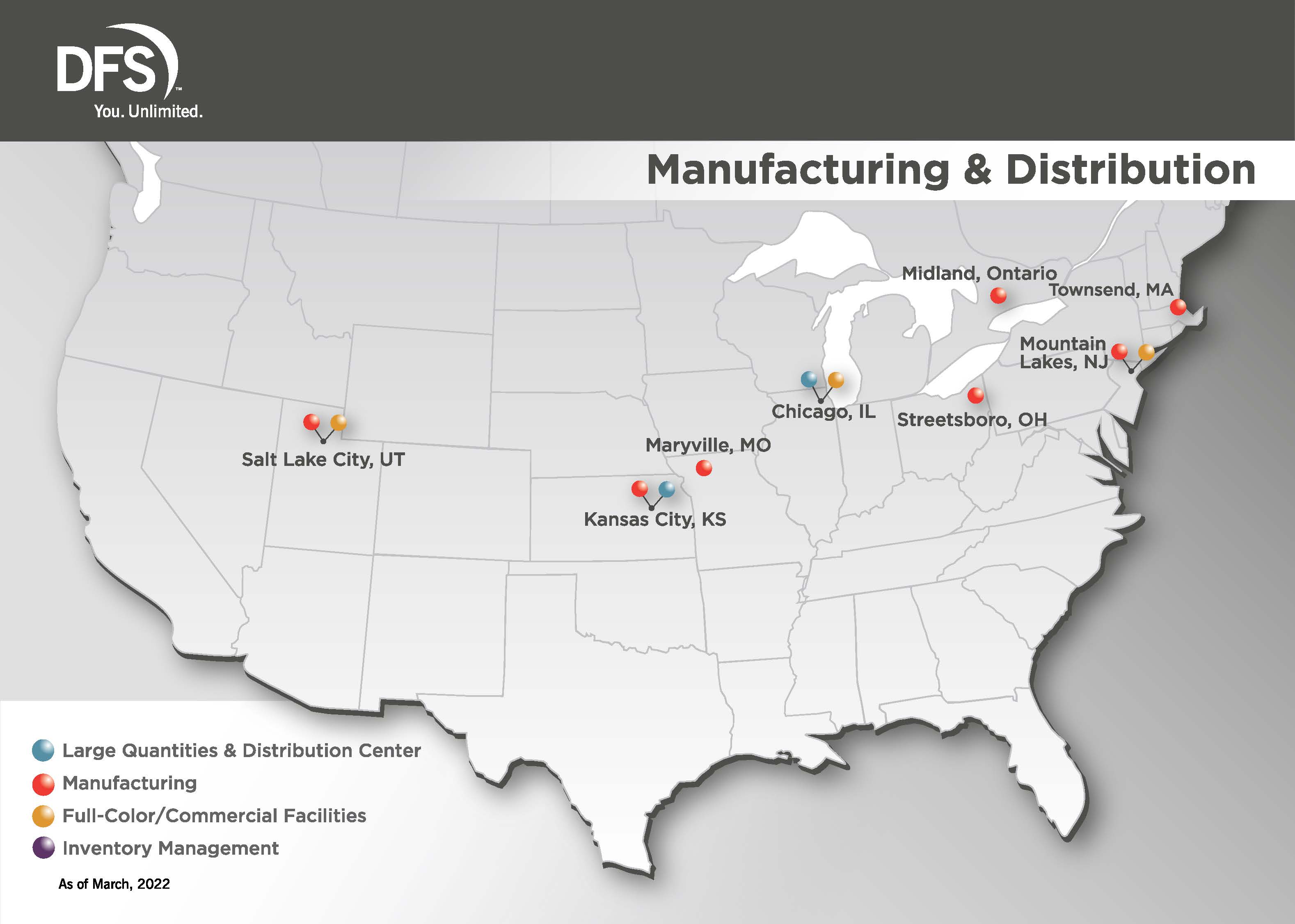 Map of manufacturing and distribution production facilities for DFS within the USA and Canada