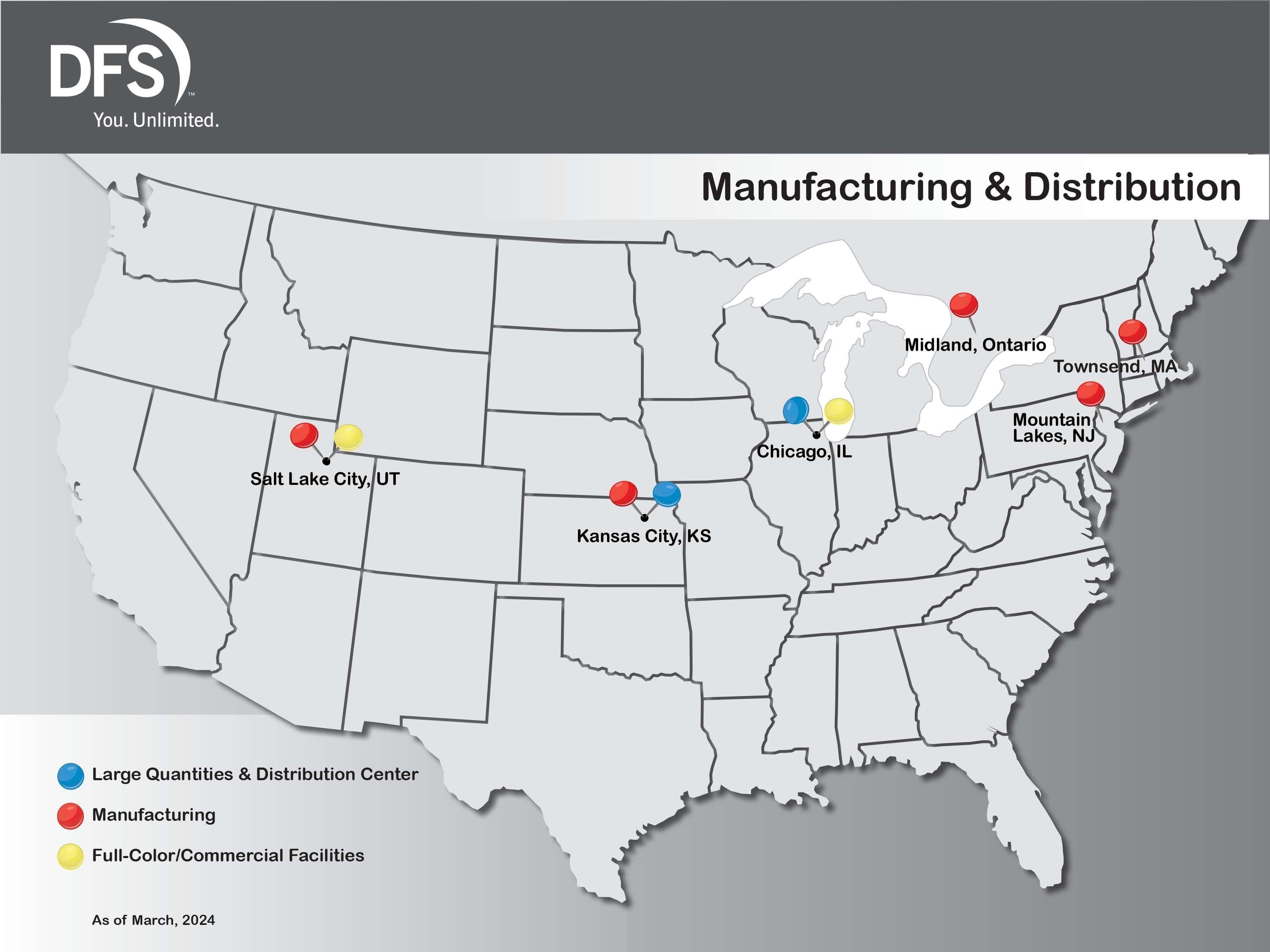 Map of manufacturing and distribution production facilities for DFS within the USA and Canada